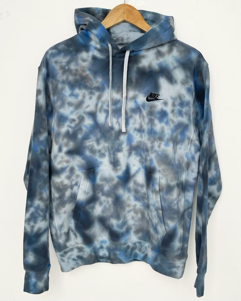 Unique Space Blue tie-dye artwork on a 100% authentic Nike hoodie.